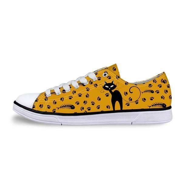 Casual Canvas Dam Sneaker Snygg Kattdesign I Gula Skor