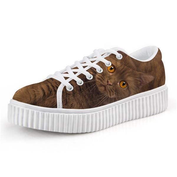 Söt Brun Kattdesign Snörning Creepers Skor