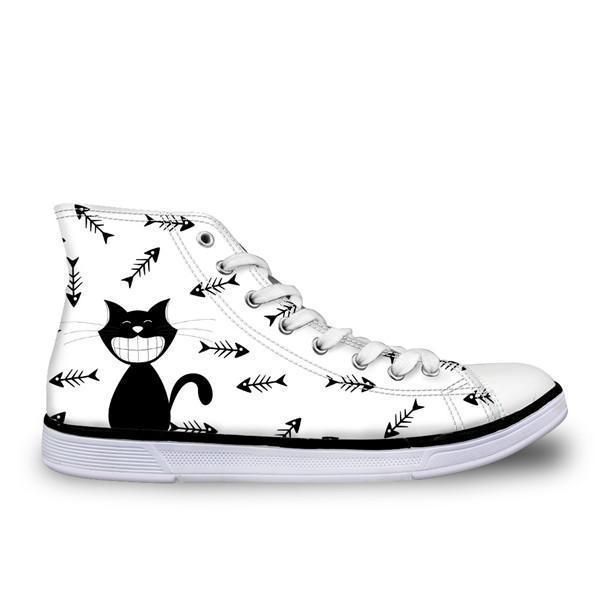 Söt High Top Casual Smiley Katt I Vita Designskor För Kvinnor