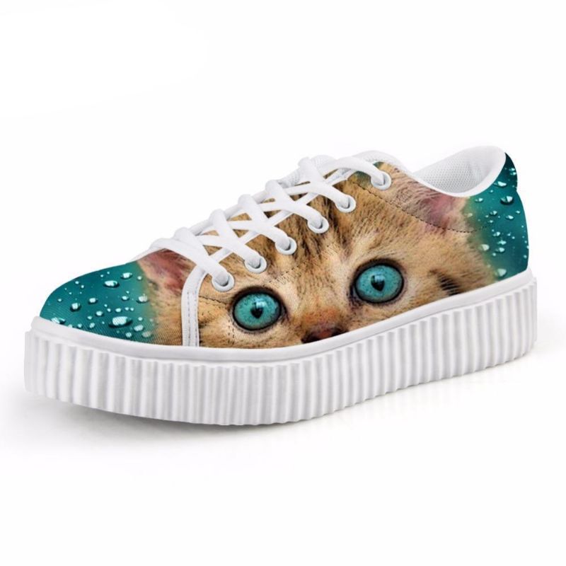 Söta Blågröna Ögon Kattdesign Snörning Creepers Skor