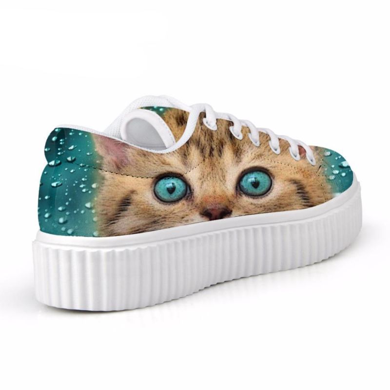 Söta Blågröna Ögon Kattdesign Snörning Creepers Skor