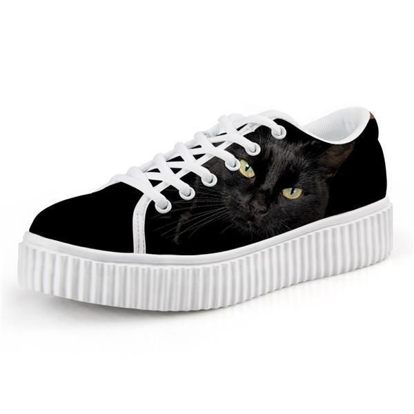 Söta Svarta Kattdesign Snörning Creepers Skor