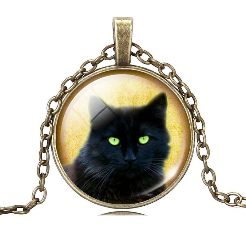 Svart Kattglas Cabochon Hänge Halsband