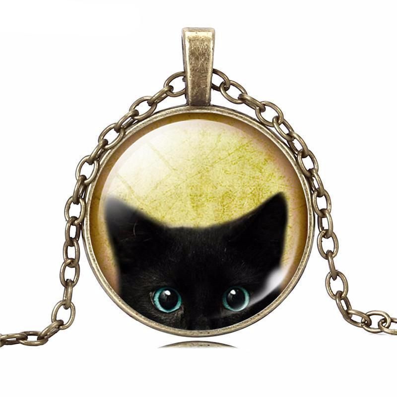 Svart Kattglas Cabochon Hänge Halsband